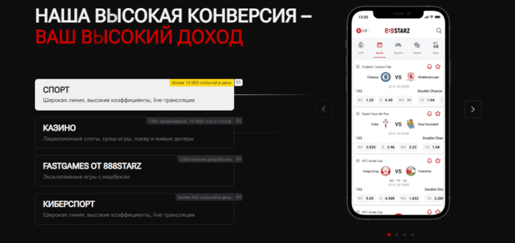 Обзор 888STARZ Partners – заливать на продукт с Reg2Dep от 35% и LTV 00+